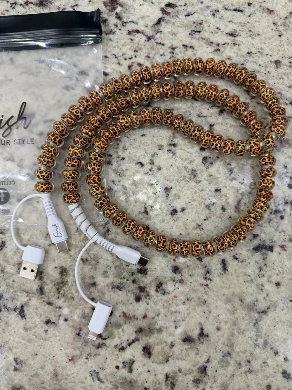 Erimish White Multi-Connector Charging Cable Set with Brown Beaded Wrap